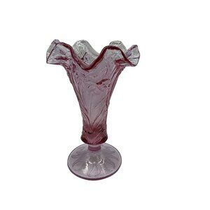 FENTON Vtg  Daffidil Floral Vase w/ Ruffled Edge & Footed Rose Pink Unique Color